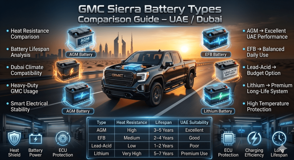 GMC Sierra battery comparison infographic in Dubai showing AGM, EFB, Lead-Acid, and Lithium batteries with heat resistance, lifespan, and UAE suitability details.