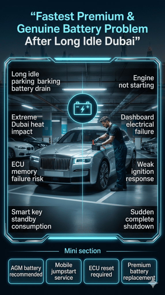 Luxury infographic showing Fastest Premium & Genuine Battery problem after long idle in Dubai with a premium car in basement parking, highlighting causes, symptoms, and solutions for battery failure in extreme heat conditions.