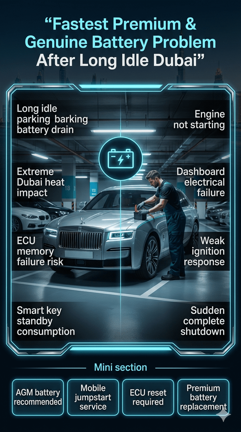 Luxury infographic showing Fastest Premium & Genuine Battery problem after long idle in Dubai with a premium car in basement parking, highlighting causes, symptoms, and solutions for battery failure in extreme heat conditions.