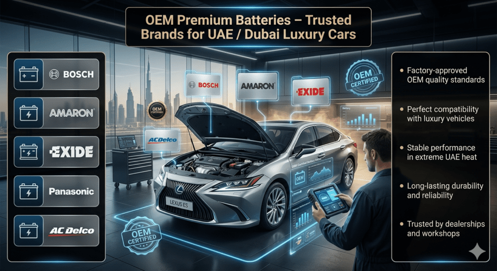 OEM premium car battery infographic in Dubai showing Bosch, Amaron, Exide, Panasonic, and AC Delco brands with Lexus ES luxury sedan and certified battery installation guide