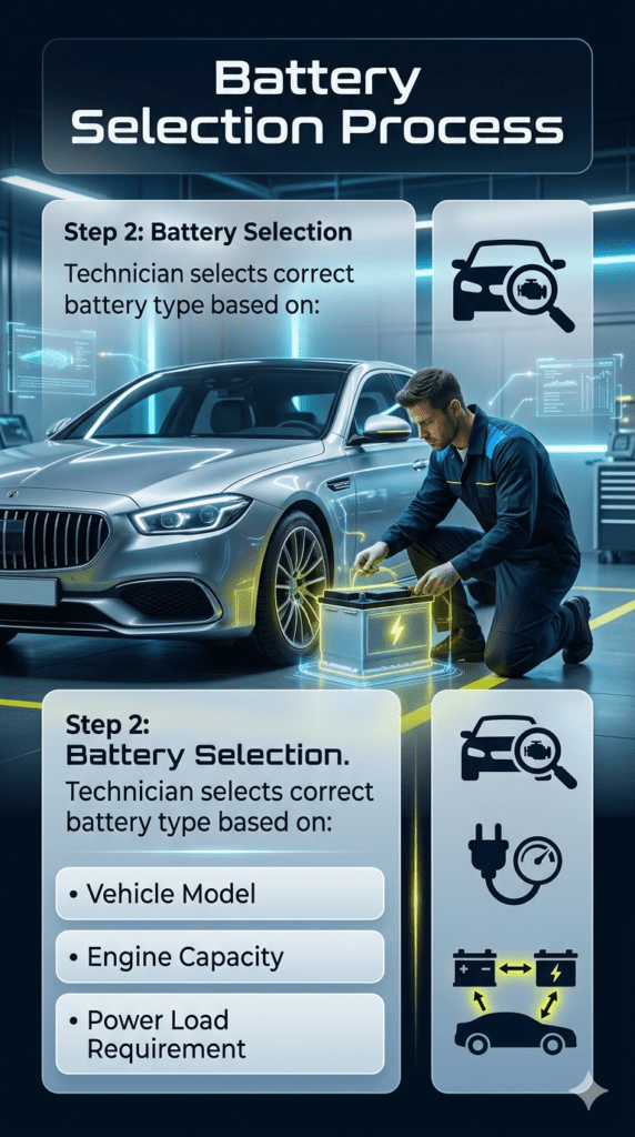 Infographic showing technician selecting correct car battery based on vehicle model, engine capacity, and power load requirements in a modern roadside assistance system.