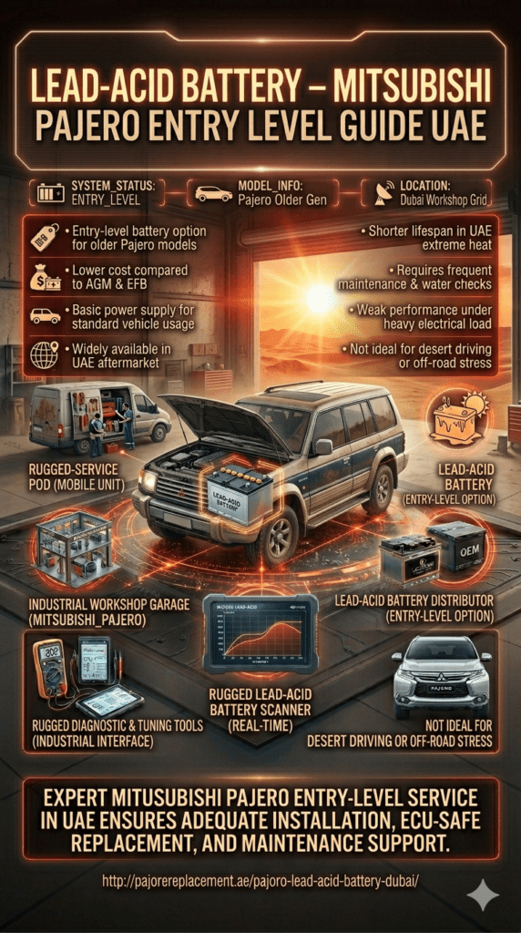 Mitsubishi Pajero with conventional lead-acid battery installed in engine bay, showing entry-level setup, UAE heat conditions, and maintenance-focused usage limitations.