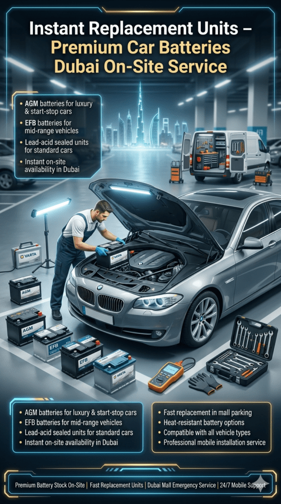 Mobile mechanic replacing car battery in Dubai mall parking with instant stock of AGM, EFB, and sealed lead-acid batteries in a premium service setup.