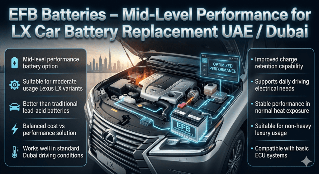 Automotive infographic showing EFB battery installed in Lexus LX engine bay in Dubai, highlighting mid-level performance, balanced energy flow, and suitability for moderate usage under UAE driving conditions.