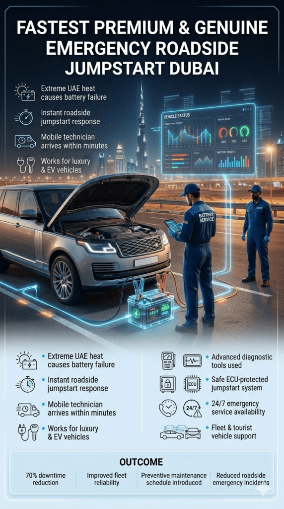 Emergency roadside jumpstart Dubai service showing luxury car battery jumpstart by mobile technician with advanced diagnostic tools and Dubai skyline background representing fast premium automotive assistance.