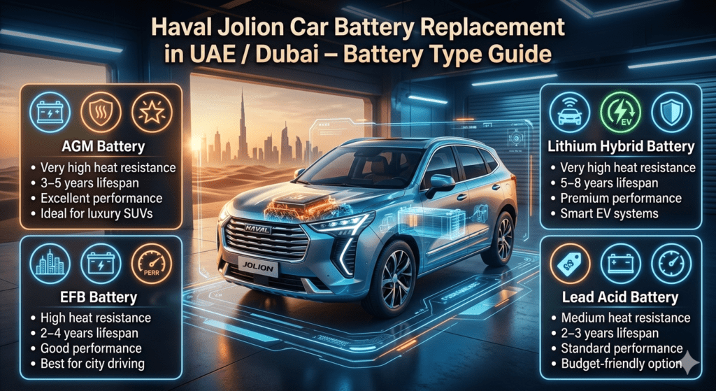Haval Jolion Car Battery Replacement in UAE Dubai battery type comparison infographic showing AGM, EFB, lithium hybrid, and lead acid batteries with performance, lifespan, and heat resistance.
