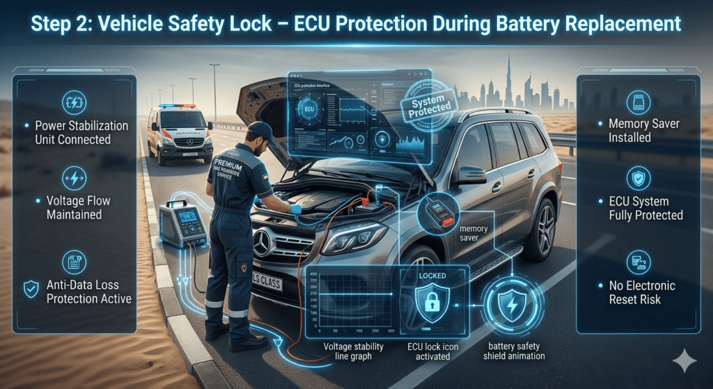 Step 2: Vehicle Safety Lock – ECU Protection During Battery Replacement Automotive technician connecting memory saver and power stabilization unit to a car battery during ECU protection step in mobile battery replacement service in UAE.