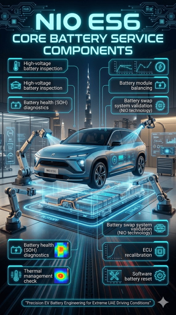 NIO ES6 CORE BATTERY SERVICE COMPONENTS Futuristic EV service infographic showing NIO ES6 electric SUV undergoing high-voltage battery diagnostics, thermal checks, and ECU recalibration in a high-tech Dubai workshop environment.