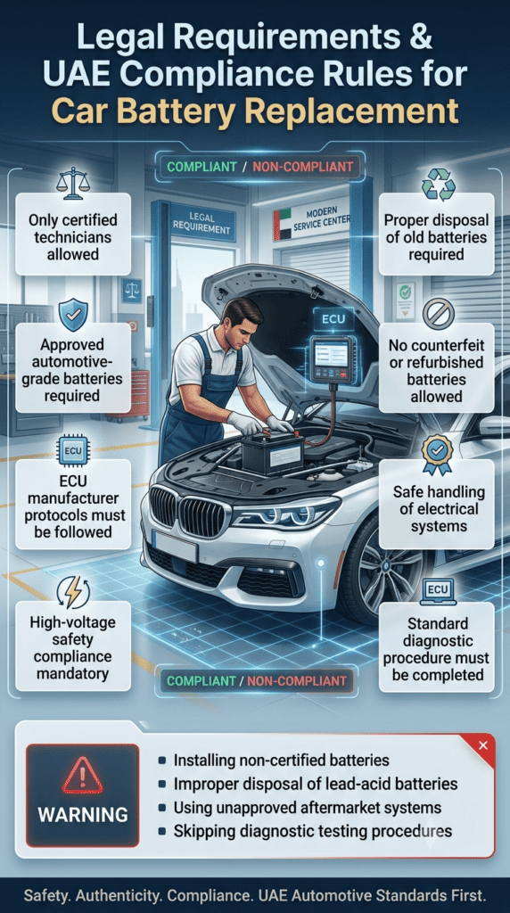 UAE legal compliance rules for car battery replacement showing certified technician performing ECU safe installation with automotive safety and regulation guidelines