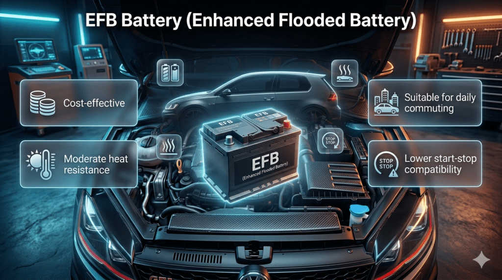 EFB Battery infographic for Volkswagen Golf showing cost-effective performance, moderate heat resistance, daily commuting suitability, and lower start-stop compatibility with a central automotive battery image.