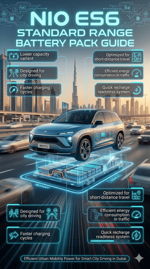 NIO ES6 STANDARD RANGE BATTERY PACK GUIDE Futuristic infographic showing NIO ES6 Standard Range Battery Pack designed for city driving, highlighting lower capacity, fast charging cycles, and urban EV efficiency in Dubai environment.