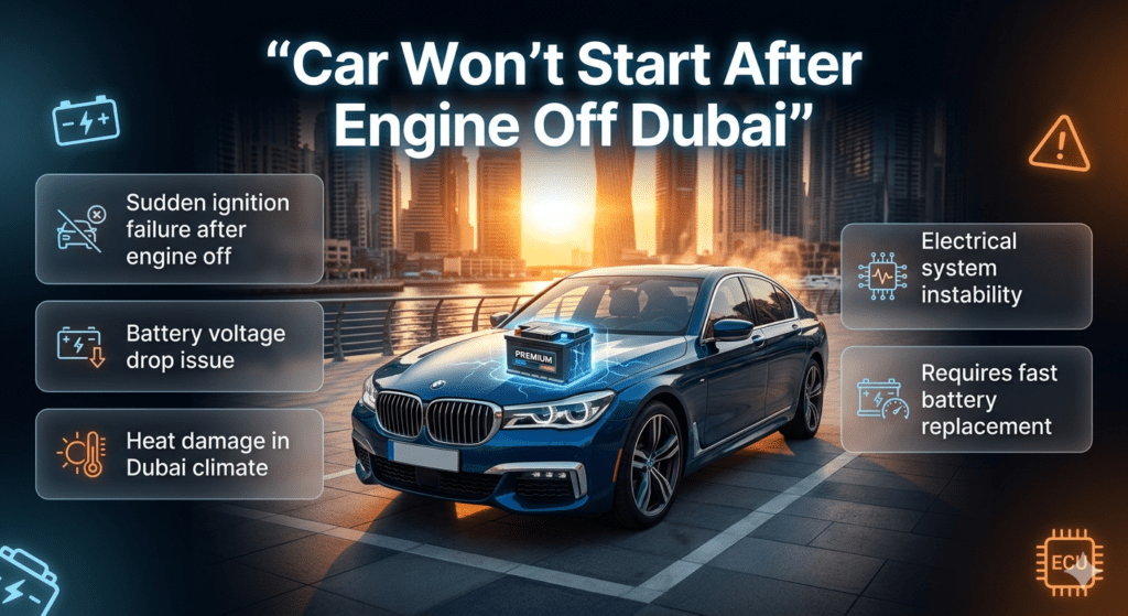 Luxury car in Dubai with battery highlighted showing reasons why car won’t start after engine off, including battery failure, heat damage, and electrical issues.