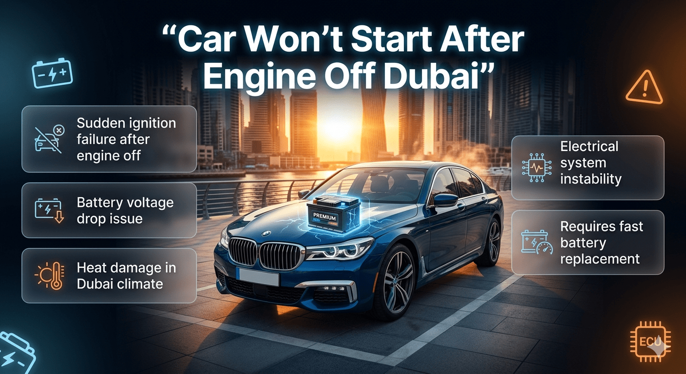Luxury car in Dubai with battery highlighted showing reasons why car won’t start after engine off, including battery failure, heat damage, and electrical issues.