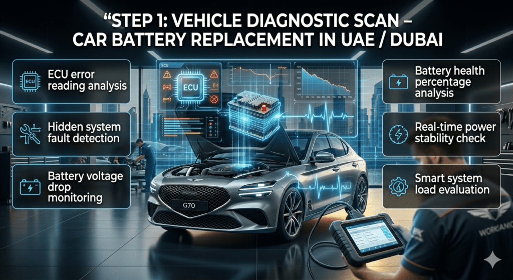 Step 1: Vehicle Diagnostic Scan – ECU, Voltage & Battery Health Check UAE Luxury car diagnostic scan in UAE showing ECU error reading, voltage drop detection and battery health analysis using digital scanner and holographic system interface.