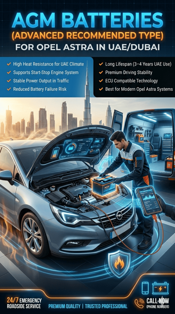 AGM battery installation in Opel Astra car showing high heat resistance and ECU system compatibility in Dubai automotive service environment