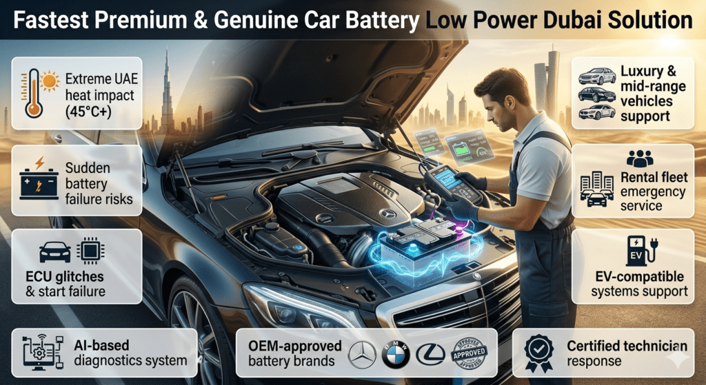 Luxury roadside car battery replacement in Dubai showing technician performing diagnostics with AI system support, highlighting heat-related battery failure and fast emergency service.