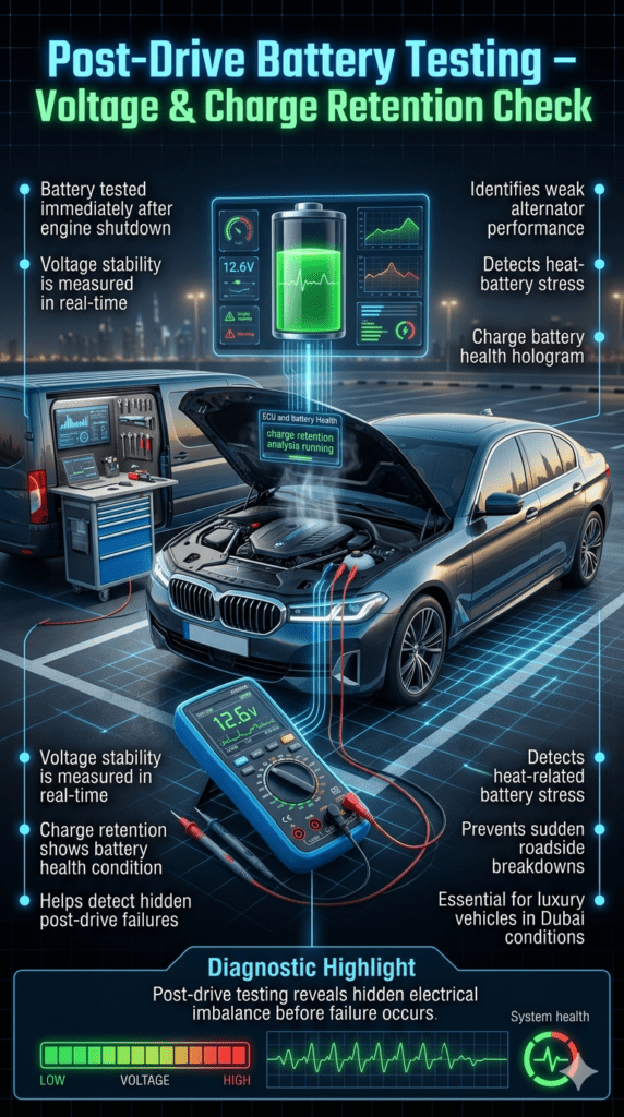 Post-drive battery testing infographic showing voltage measurement and charge retention analysis on luxury car in Dubai using mobile diagnostic tools.