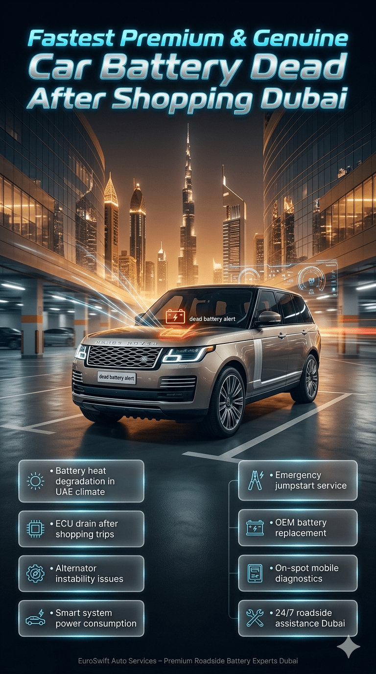 Luxury car battery dead after shopping in Dubai showing emergency roadside breakdown with infographic guide on causes and solutions including ECU drain, heat damage, and jumpstart service.