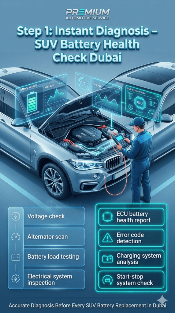 Luxury SUV diagnostic scene showing technician performing voltage check, alternator scan, and ECU battery health report using digital tools in a futuristic automotive workshop environment.