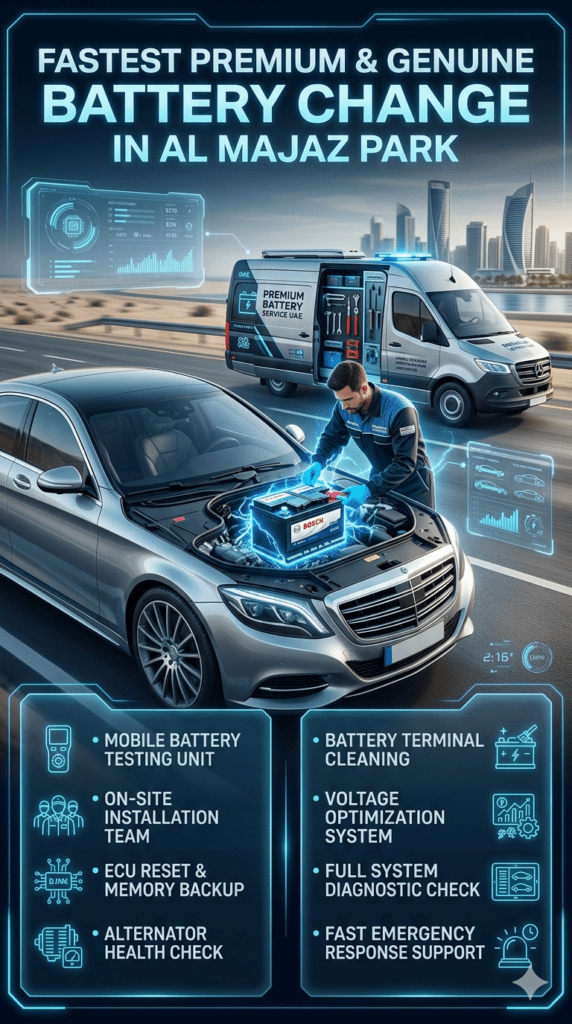 Fastest Premium & Genuine Battery Change in Al Majaz Park Premium roadside car battery replacement service in Al Majaz Park showing mobile technician installing battery with diagnostic tools, ECU reset, and modern automotive support system.