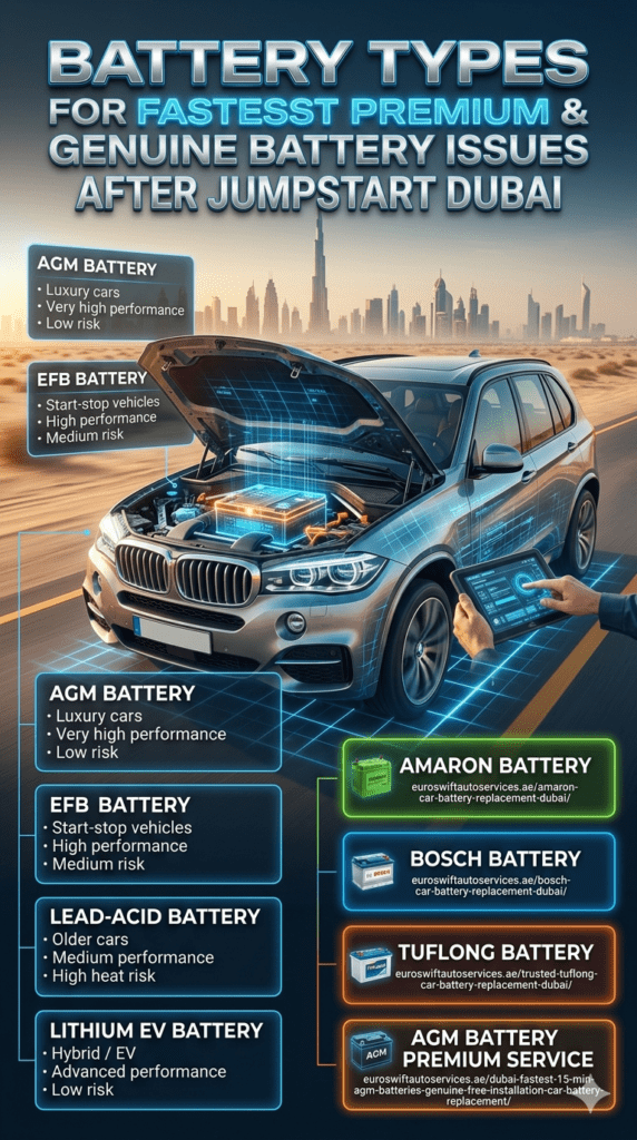 Infographic showing different car battery types in Dubai including AGM, EFB, Lead-Acid, and Lithium EV with premium brand options and luxury vehicle diagnostic concept.