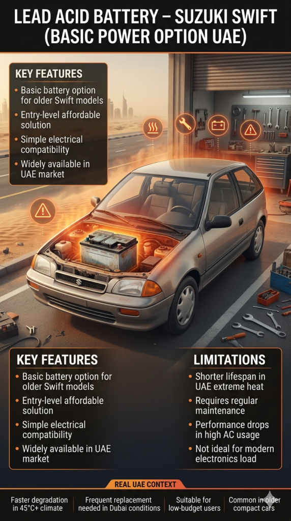 Suzuki Swift lead acid battery infographic showing basic conventional battery type, low-cost option, shorter lifespan in UAE heat, and maintenance requirements in a realistic automotive workshop and Dubai environment.