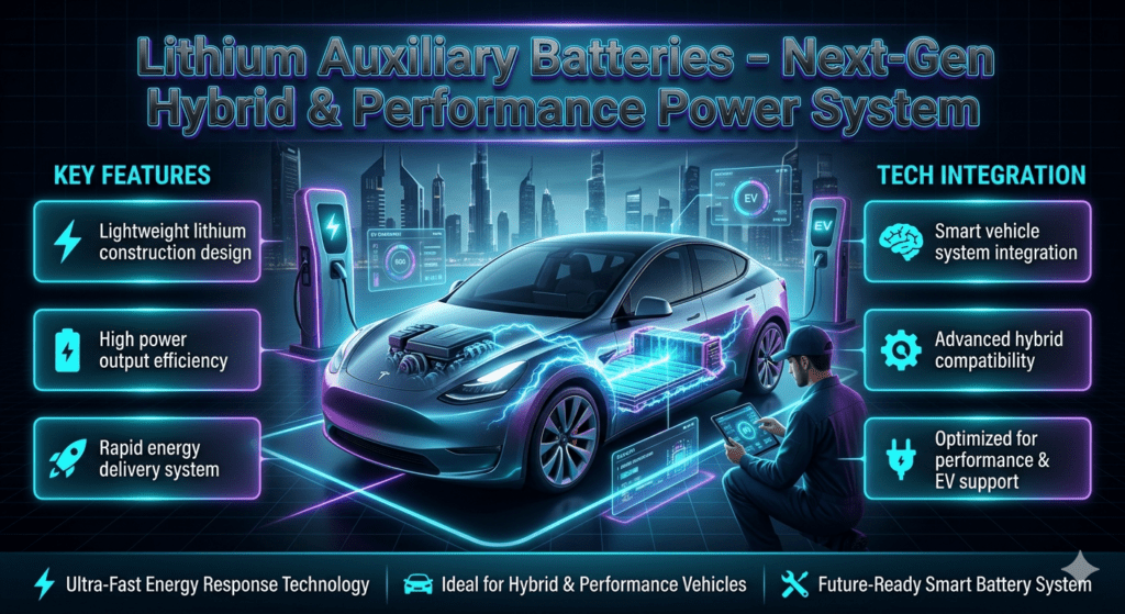 Lithium Auxiliary Batteries – Advanced Hybrid & Performance Vehicle Power Guide Futuristic infographic showing lithium auxiliary battery for hybrid and performance vehicles with lightweight design, high power output, rapid energy delivery, and smart system integration.
