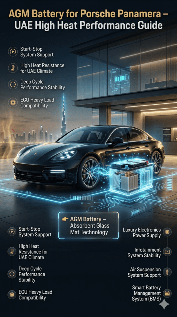 Luxury infographic showing Porsche Panamera with AGM battery technology highlights, including start-stop support, ECU load handling, and UAE heat resistance in a futuristic automotive garage environment.