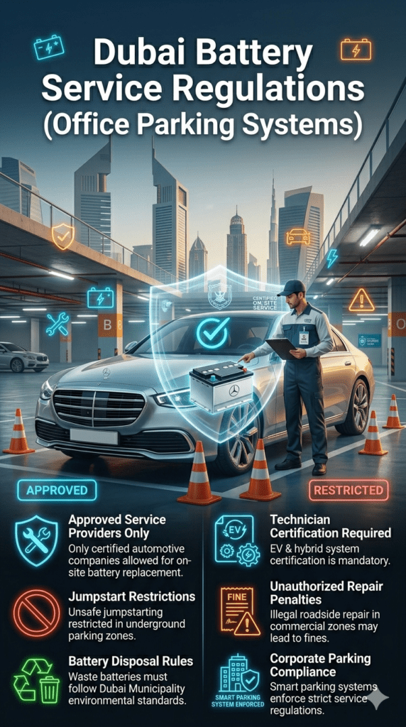 Dubai automotive battery service regulation infographic showing compliance rules, approved technicians, safety restrictions, and environmental disposal guidelines in office parking areas.