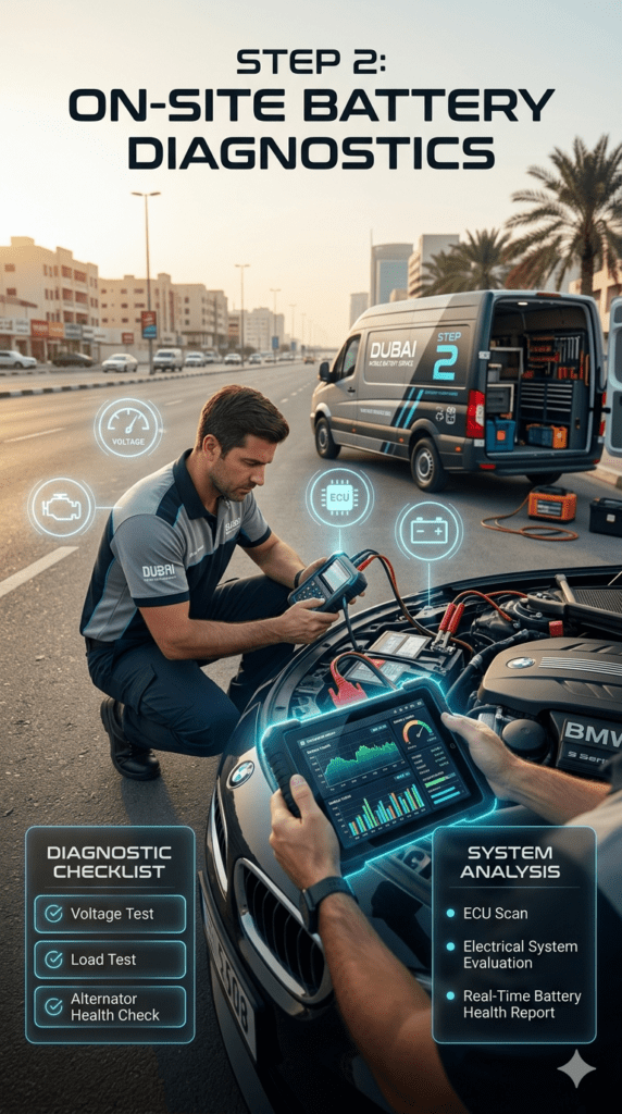 Mobile technician performing on-site car battery diagnostics in Dubai using digital scanner, showing voltage test, load test, ECU scan, and alternator check beside luxury vehicle.