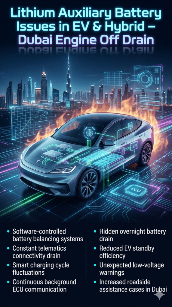 Futuristic EV and hybrid car lithium auxiliary battery system showing software drain, telematics load, and engine-off battery issues in Dubai.