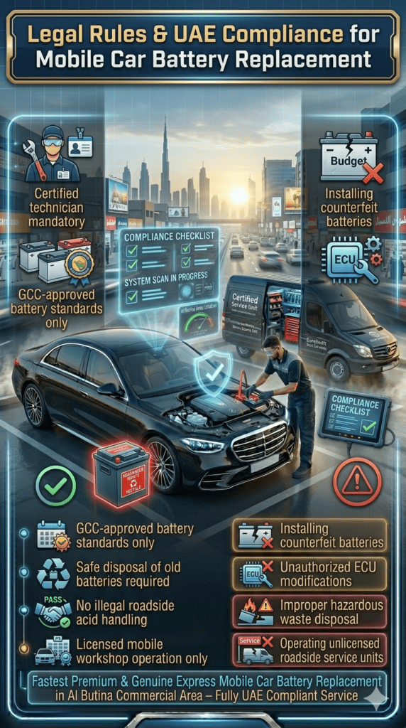 Certified technician performing mobile car battery replacement in UAE with compliance checklist, safe disposal system, and warning icons for illegal practices.