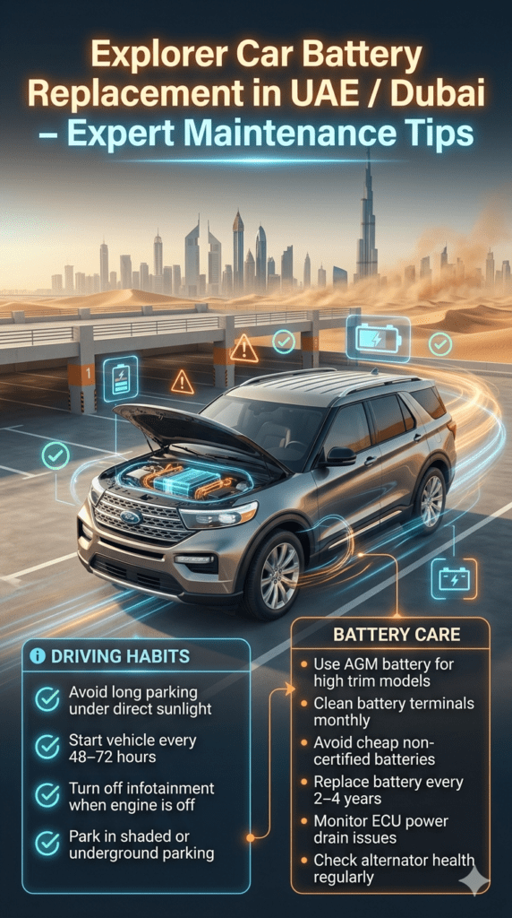 Explorer Car Battery Replacement in UAE / Dubai – Expert Maintenance Tips Ford Explorer Car Battery Replacement UAE Dubai maintenance tips infographic showing battery care, heat protection, ECU monitoring, and expert vehicle care advice