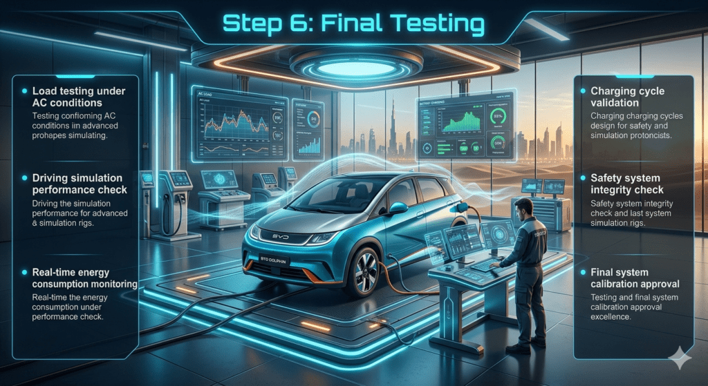 Step 6: Final Testing – BYD Dolphin EV Battery System Validation BYD Dolphin undergoing final EV battery testing with load simulation, AC performance check, charging validation, and safety system diagnostics.