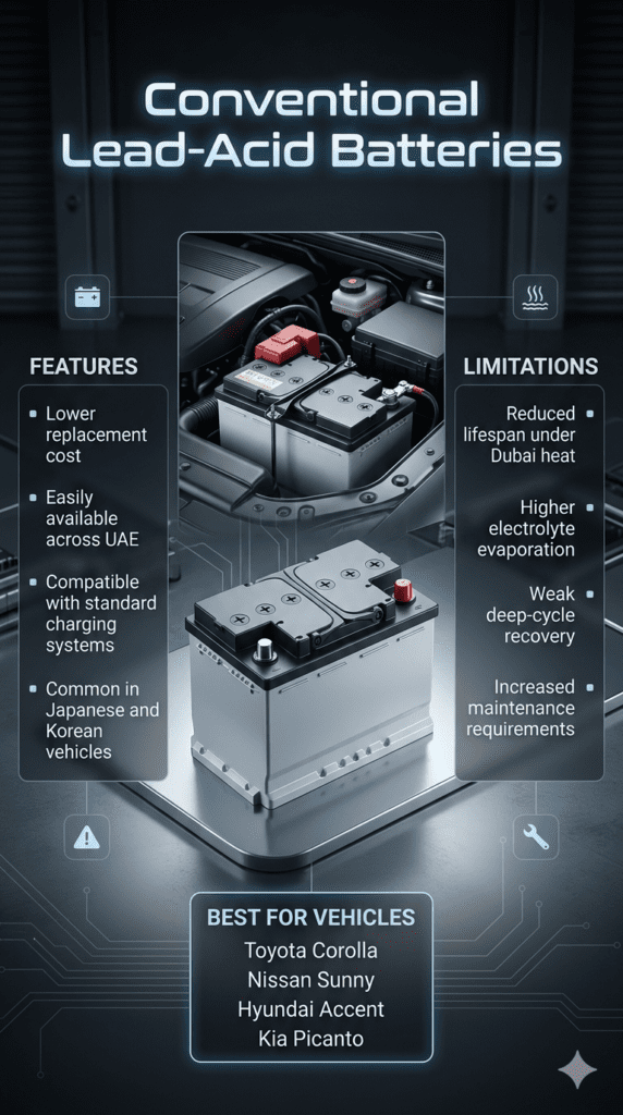 Infographic showing conventional lead-acid car battery features, limitations, and compatible vehicles in a structured automotive guide layout.