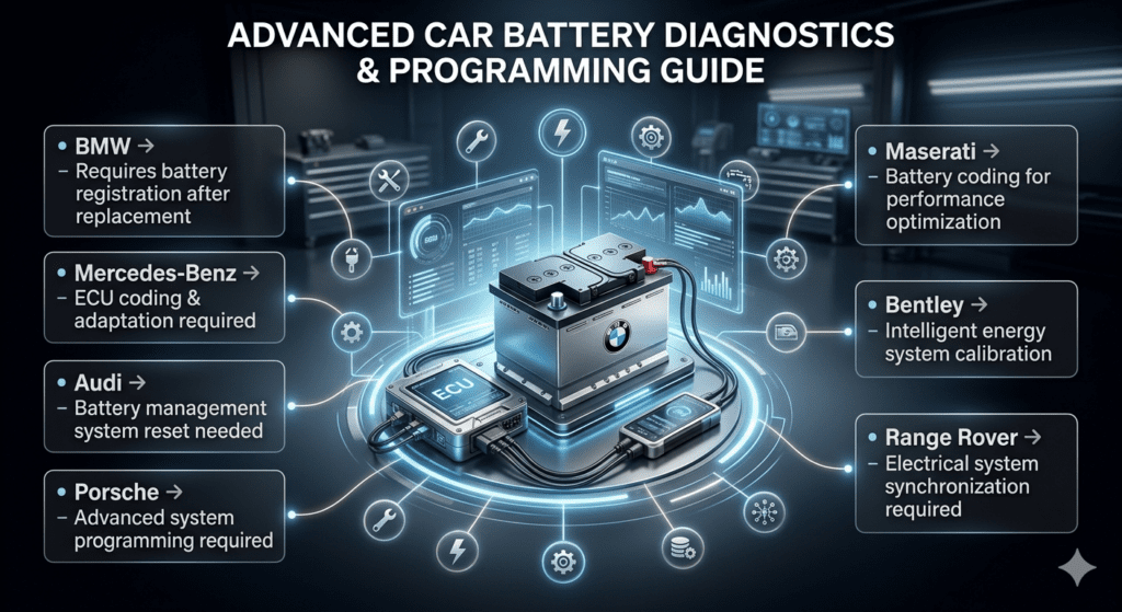 Luxury Vehicle Battery Programming Guide (UAE / Dubai Standard) Luxury vehicle battery programming infographic showing premium cars like BMW, Mercedes, Audi, Porsche, Maserati, Bentley, and Range Rover requiring ECU coding and battery registration after installation.