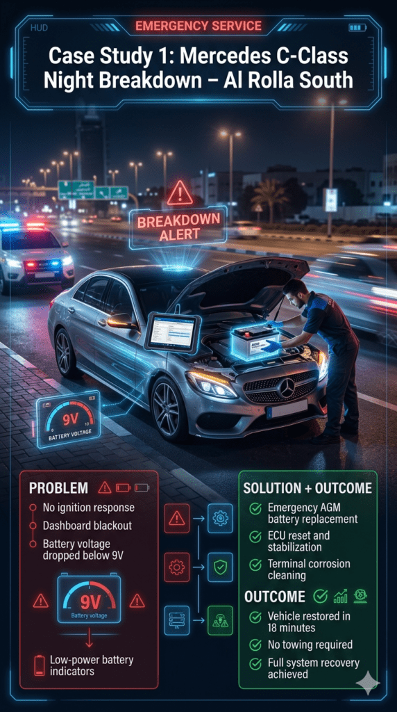 Case Study 1: Mercedes C-Class Night Battery Breakdown – Al Rolla South Emergency Response Luxury automotive case study infographic showing Mercedes C-Class night breakdown in Al Rolla South with emergency AGM battery replacement, ECU reset, and full system recovery.