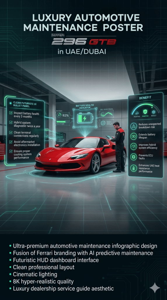 Ferrari 296 GTB maintenance guide in UAE Dubai showing battery health inspection, hybrid system diagnostics, terminal cleaning, ECU care, and cooling system maintenance for supercar reliability.