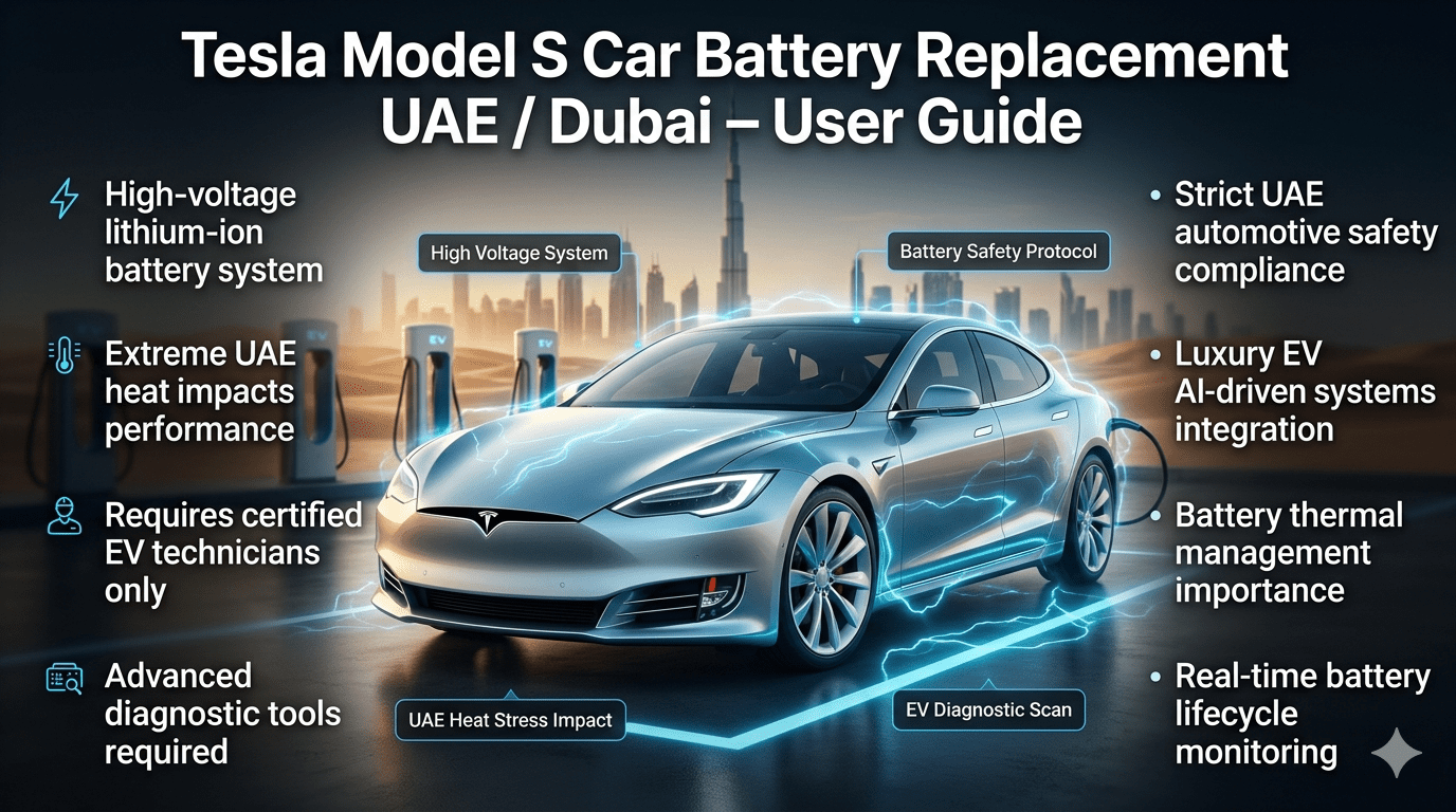 Tesla Model S battery replacement user guide infographic in UAE Dubai showing high-voltage EV system, heat impact, certified technician requirements, and diagnostic process with futuristic Tesla car visualization.