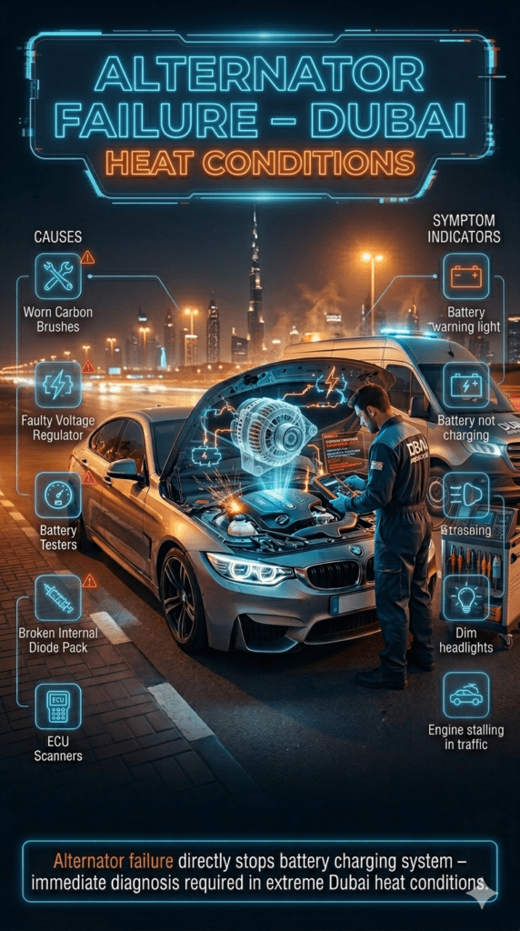 Luxury car alternator failure diagnostic scene in Dubai showing mobile mechanic inspecting engine system with digital scanner highlighting worn carbon brushes, voltage regulator fault, and diode pack failure in extreme heat roadside breakdown.