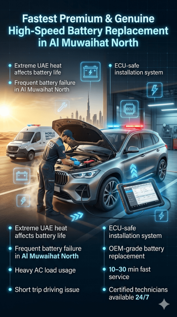 Premium roadside car battery replacement service in Al Muwaihat North UAE showing technician installing battery in luxury SUV with diagnostic tools and emergency mobile service van in background.