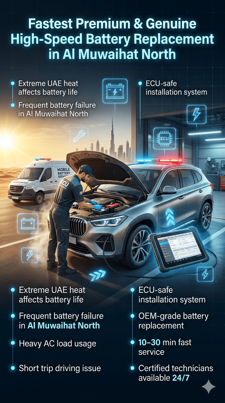 Premium roadside car battery replacement service in Al Muwaihat North UAE showing technician installing battery in luxury SUV with diagnostic tools and emergency mobile service van in background.