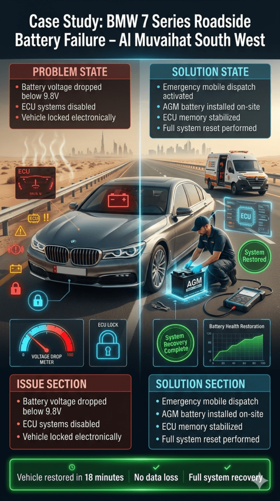Case Study: BMW 7 Series Roadside Battery Failure – Al Muwaihat South West Case study infographic showing BMW 7 Series roadside battery failure in UAE with ECU shutdown and mobile AGM battery replacement leading to full system recovery.