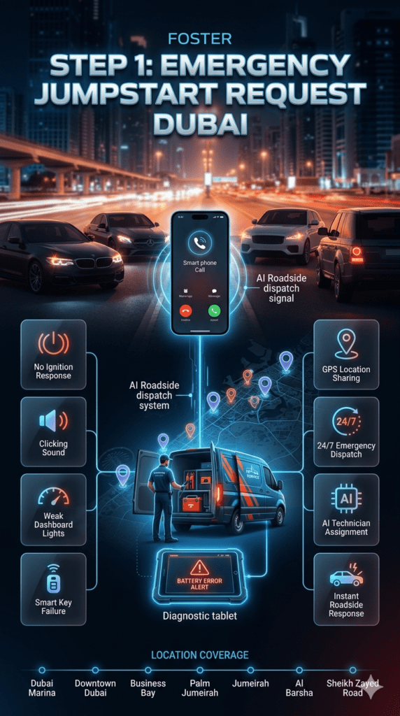 Luxury Dubai roadside emergency infographic showing step 1 emergency request process with symptoms like no ignition, clicking sound, weak dashboard lights, and smart key failure.