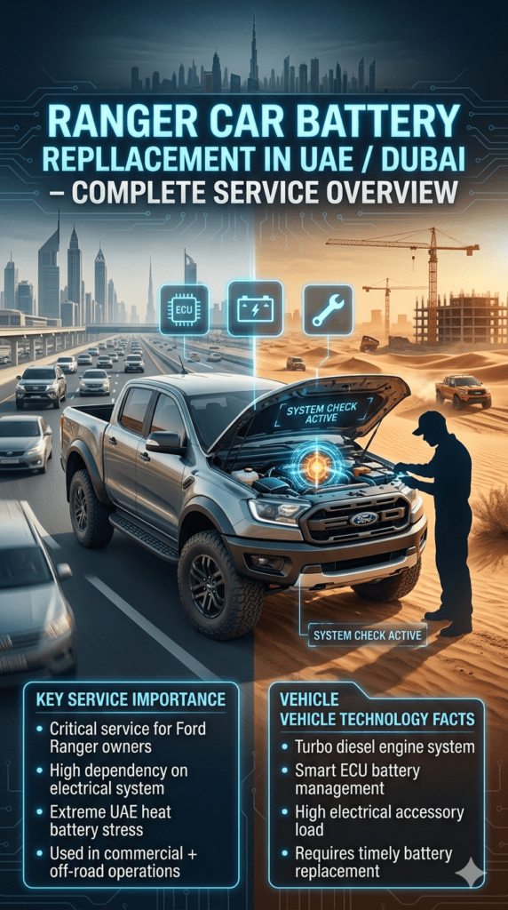 Ranger Car Battery Replacement UAE Dubai infographic showing Ford Ranger pickup battery system, off-road usage, diesel engine load, and UAE heat impact overview