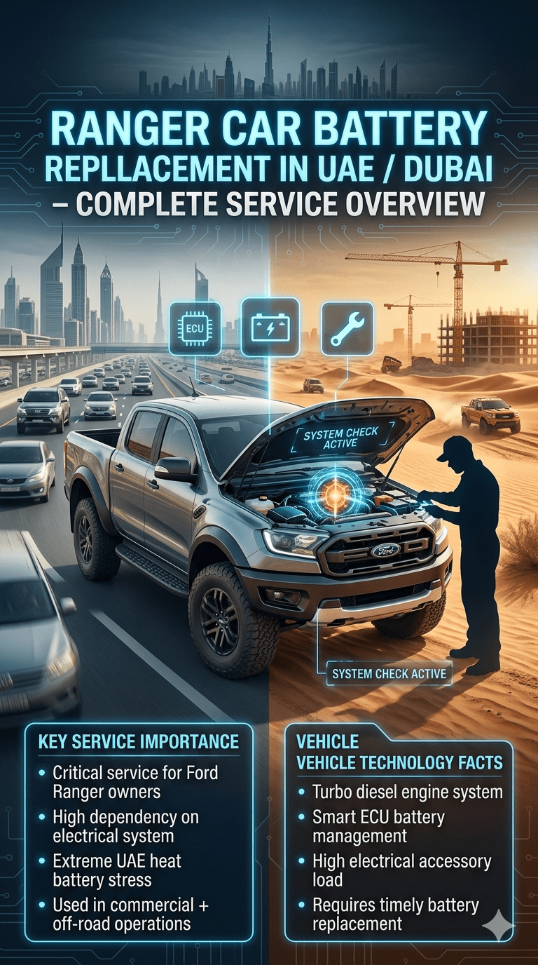 Ranger Car Battery Replacement UAE Dubai infographic showing Ford Ranger pickup battery system, off-road usage, diesel engine load, and UAE heat impact overview