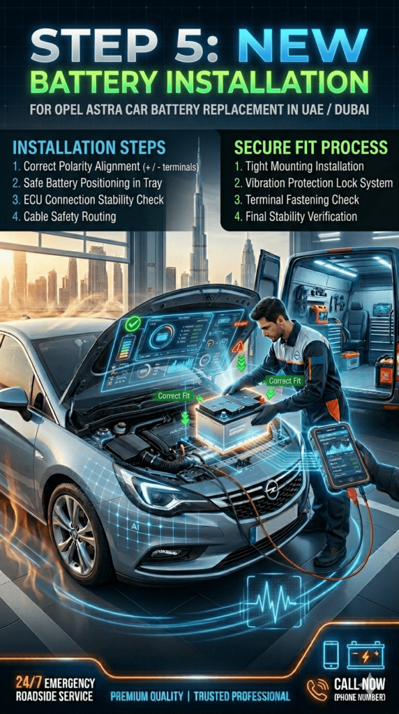 Opel Astra new car battery installation showing correct polarity alignment and secure mounting in Dubai automotive workshop service