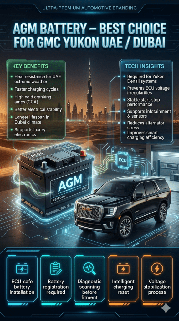 Futuristic infographic showing AGM battery benefits for GMC Yukon in UAE including heat resistance, ECU stability, and luxury SUV performance support in Dubai conditions.