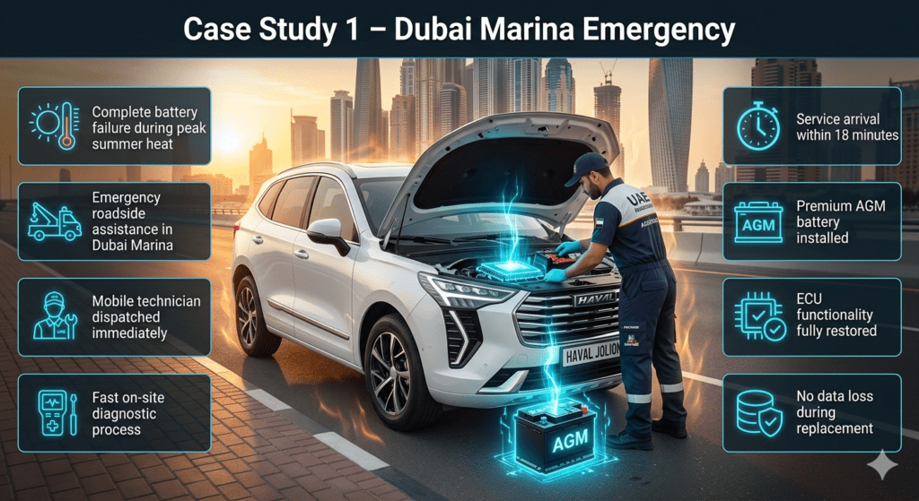 Haval Jolion battery replacement emergency case study in Dubai Marina showing AGM battery installation, mobile roadside assistance, ECU recovery, and extreme UAE summer heat conditions.