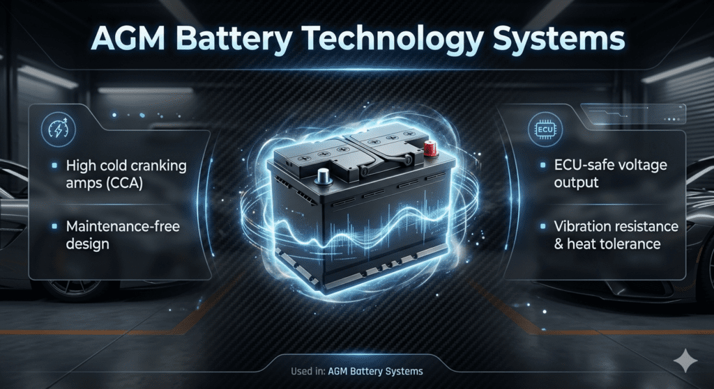 Premium infographic showing AGM battery technology with central battery image and side panels listing key features like high CCA, maintenance-free design, ECU-safe voltage, and heat resistance.